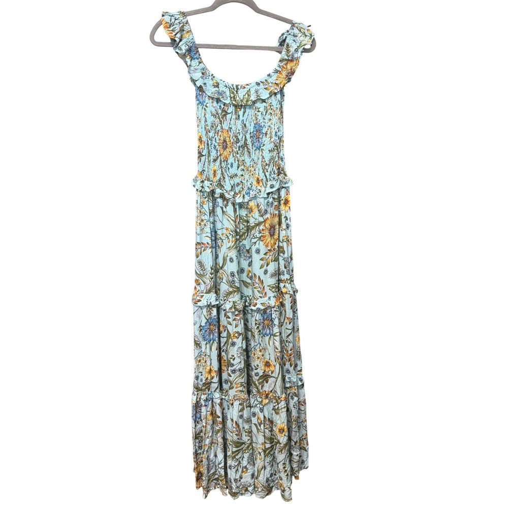 Abel The Label Maxi Dress Floral Smocked Tiered S Blue Excellent Boho Ruffle